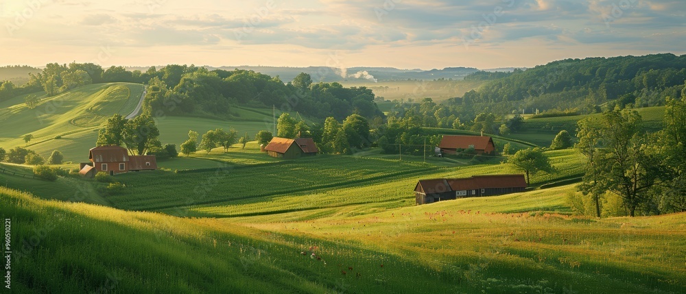 Obraz premium Peaceful Aerial Landscape of Rural Countryside with Picturesque Farms and Fields