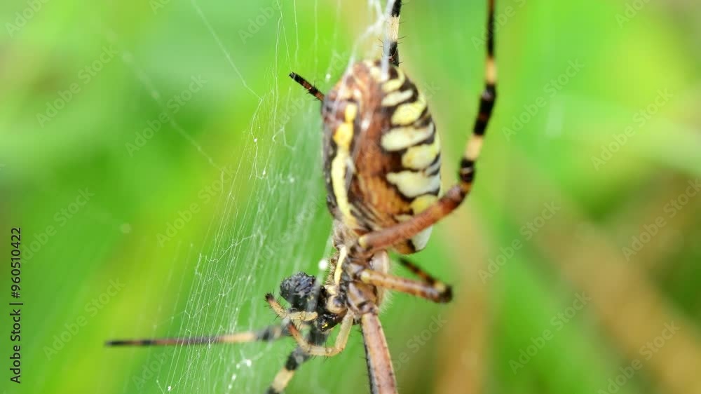 wasp spider in its web with wrapped victim in summer in Germany wasp spider in its web with wrapped victim in summer in Germany