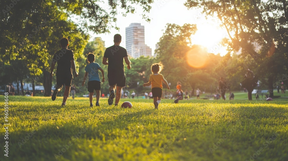 Fototapeta premium Family Stroll Through Vibrant Urban Park at Sunset