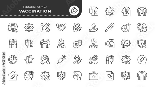 Vaccination line icon set. Injection, disease, shot, vaccine, illness, virus, doctor, nurse, patient, medicine. Outline vector icon in linear style. Conceptual pictogram collection.