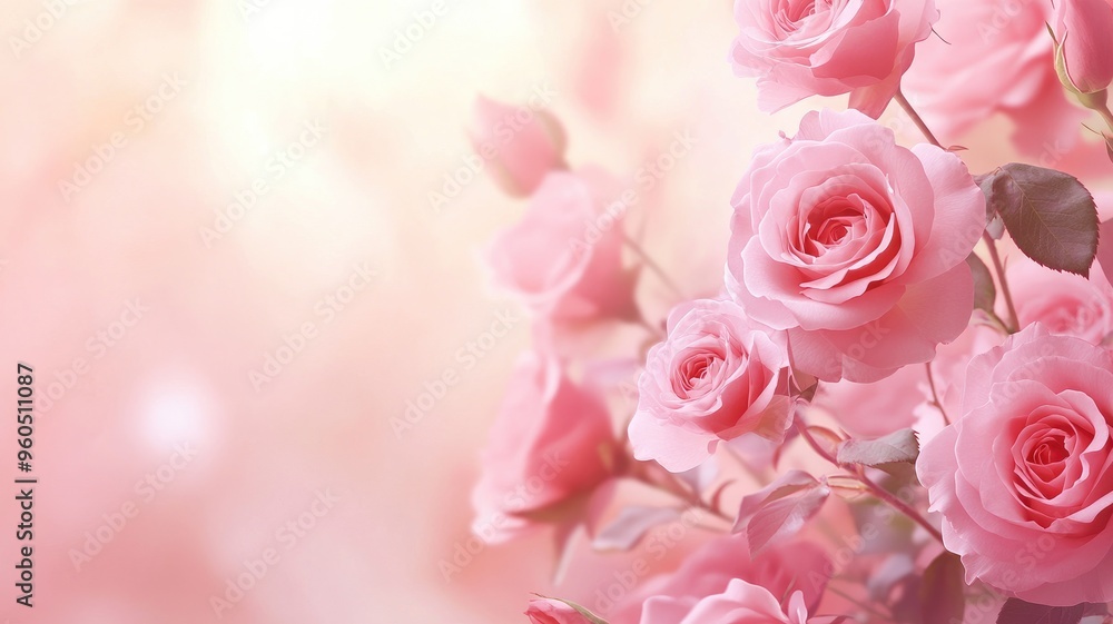 Delicate pink roses arranged in a border against a soft, light background. Delicate pink roses arranged in a border against a soft, light background.
