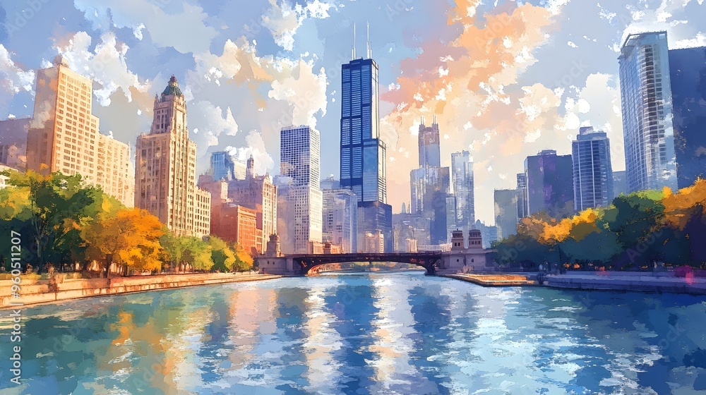 Fototapeta premium Iconic Watercolor Skyline of Chicago Cityscape at Sunset Along Riverfront