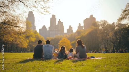 Fototapeta Naklejka Na Ścianę i Meble -  Family Picnic in Central Park with Cityscape in the Background