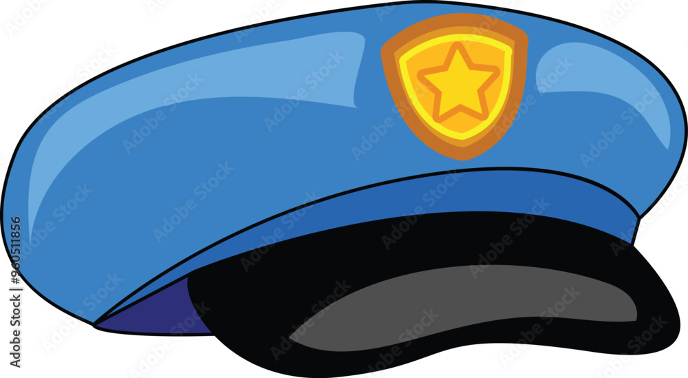 Cartoon illustration of a blue police hat with a gold badge, representing law enforcement and security Cartoon illustration of a blue police hat with a gold badge, representing law enforcement and security