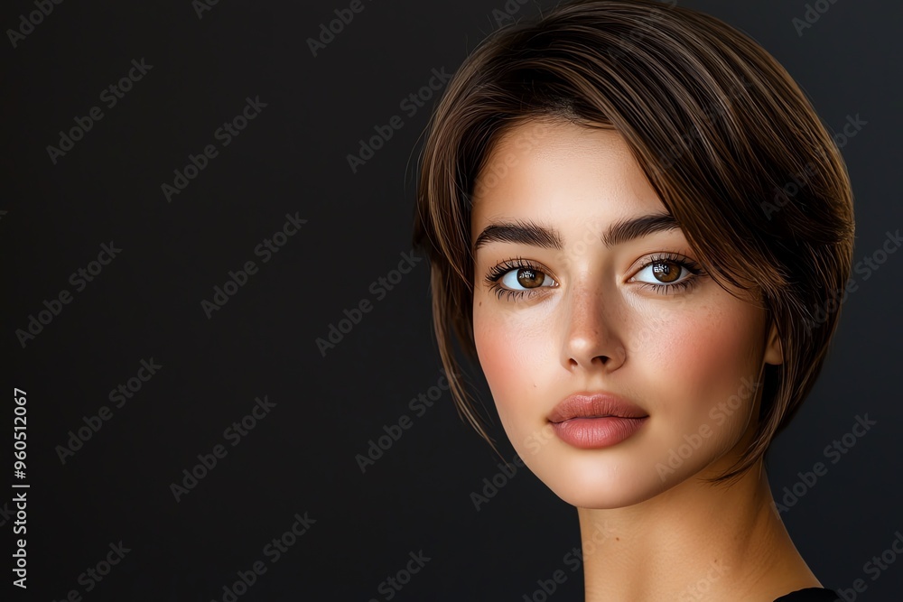 A captivating portrait of a young woman with a sleek hairstyle, showcasing her natural beauty and expressive features against a dark backdrop. A captivating portrait of a young woman with a sleek hairstyle, showcasing her natural beauty and expressive features against a dark backdrop.