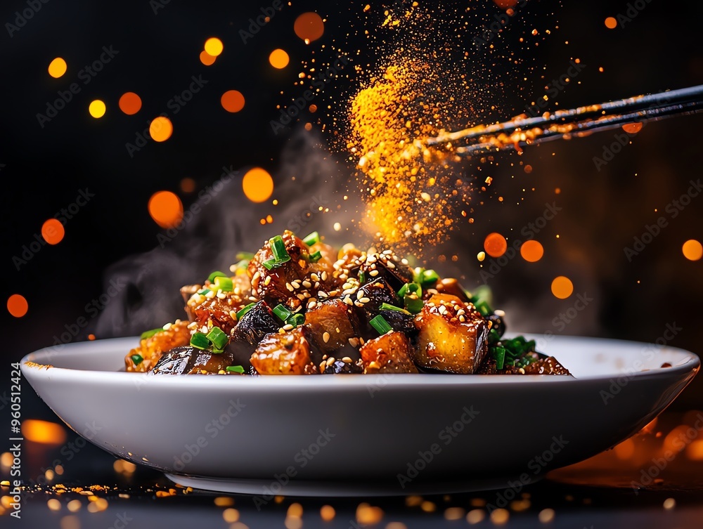 A serving of braised eggplant in garlic sauce, garnished with green onions and sesame seeds, served in a shallow white bowl A serving of braised eggplant in garlic sauce, garnished with green onions and sesame seeds, served in a shallow white bowl