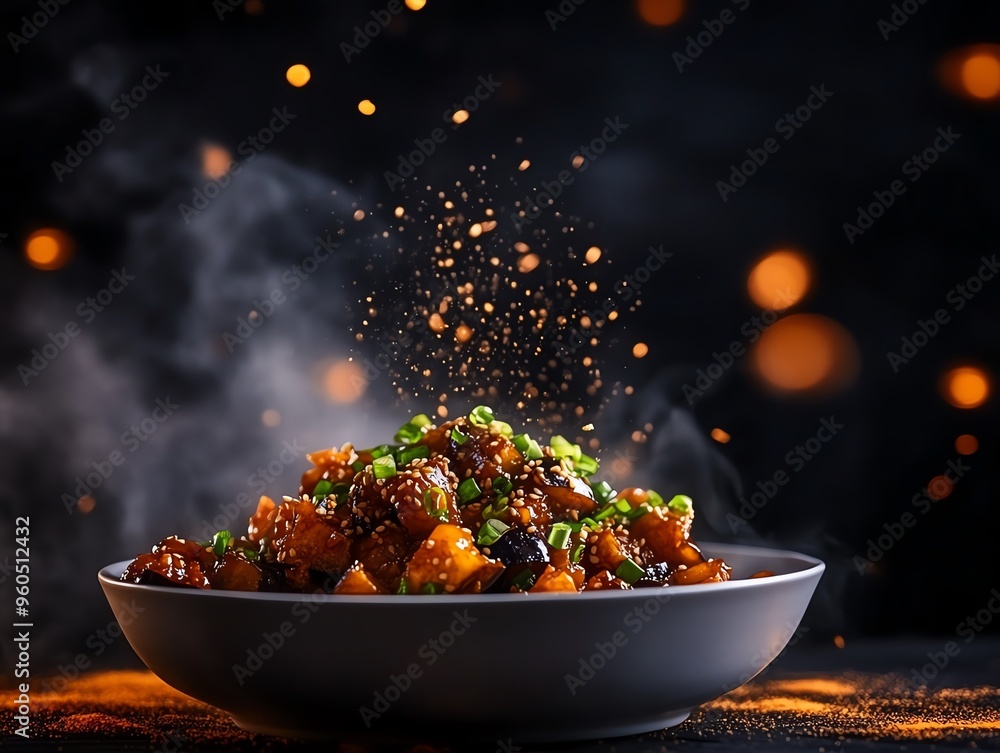 A serving of braised eggplant in garlic sauce, garnished with green onions and sesame seeds, served in a shallow white bowl A serving of braised eggplant in garlic sauce, garnished with green onions and sesame seeds, served in a shallow white bowl