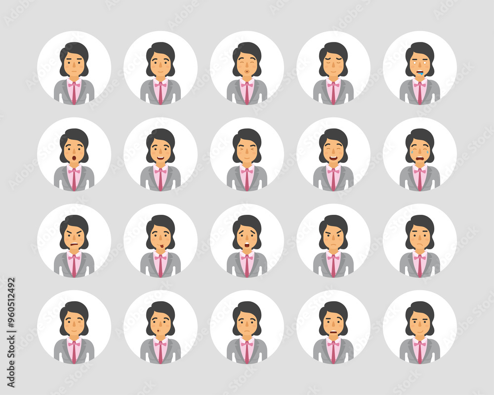 Vector young adult woman avatars and emoticons set in flat style, front view. Vector young adult woman avatars and emoticons set in flat style, front view.