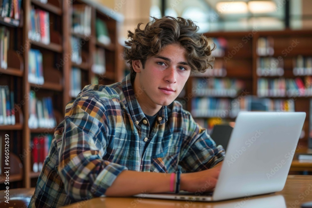 Handsome Male Student With Laptop no logo and Books Working in a High School Library Handsome Male Student With Laptop no logo and Books Working in a High School Library