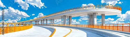 A modern elevated bridge with a bright blue sky and fluffy clouds, showcasing architectural beauty and urban design.
