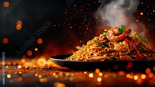 A serving of chow mein noodles, stirfried with shrimp, vegetables, and soy sauce, arranged neatly on a traditional Chinese plate photo