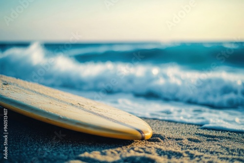 A surfboard sits near a peaceful shoreline as soft waves lap at the sand, bathed in the warm glow of the rising sun on a calm morning photo