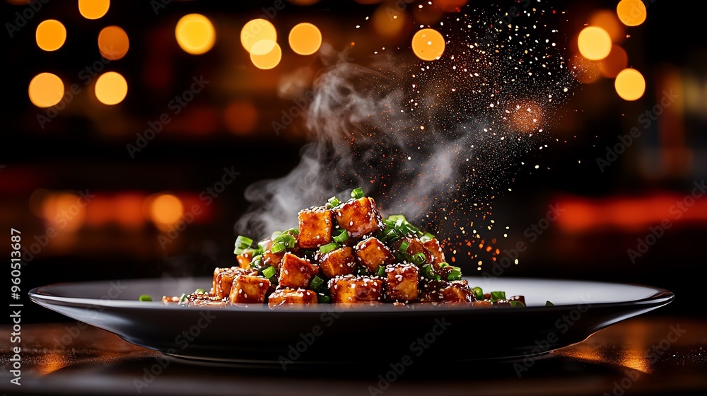 A serving of crispy fried tofu with garlic sauce, garnished with green onions and sesame seeds, served on a white plate A serving of crispy fried tofu with garlic sauce, garnished with green onions and sesame seeds, served on a white plate