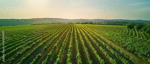 Vast Vineyard Landscape with Grapevines Rows and Winery in Distance - Aerial Shot under Clear Skies