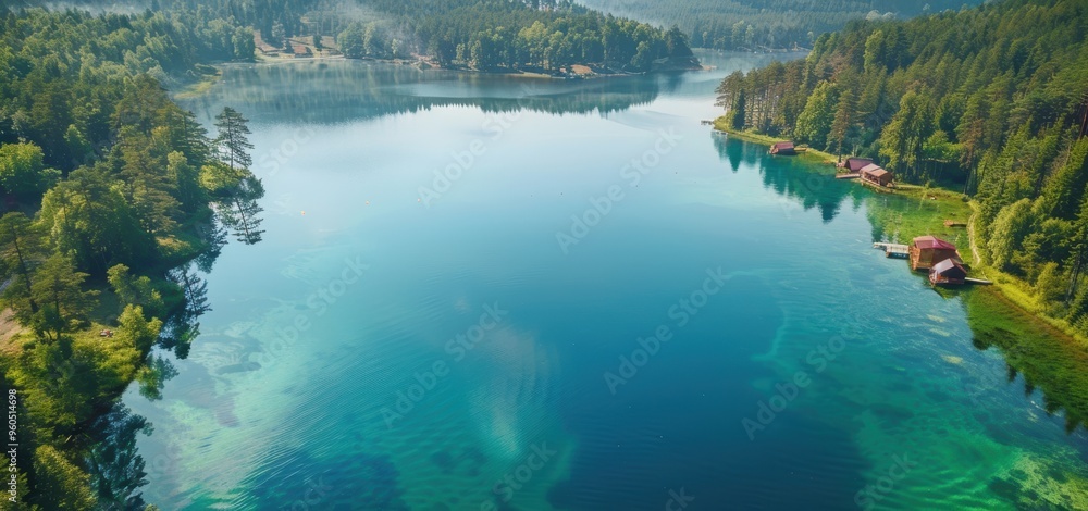 Naklejka premium Tranquil Aerial View of Clear Blue Lake Encircled by Forests and Cabins in Detailed Quality