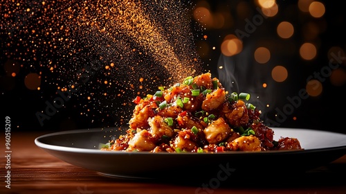 A serving of Sichuan hot and numbing chicken, stirfried with Sichuan peppercorns and chili peppers, garnished with green onions photo