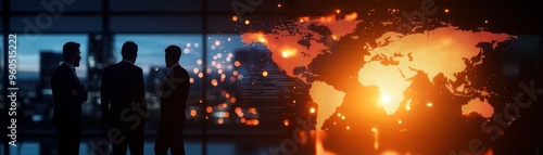 Business leaders discussing strategy with a world map backdrop, highlighting global collaboration and networking opportunities.