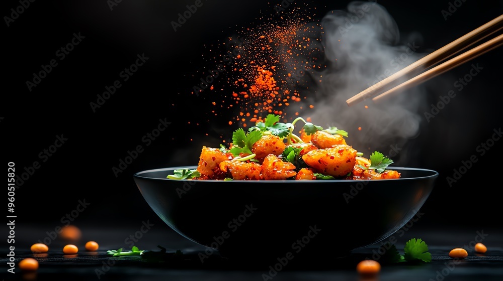 A serving of spicy Sichuan boiled fish in chili oil, garnished with fresh cilantro and bean sprouts, served in a deep bowl with chopsticks A serving of spicy Sichuan boiled fish in chili oil, garnished with fresh cilantro and bean sprouts, served in a deep bowl with chopsticks