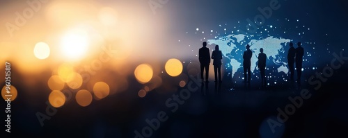 Silhouetted figures against a digital world map, representing global business and connectivity amid a vibrant sunset backdrop.