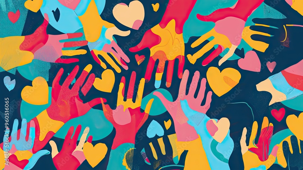 Fototapeta premium Abstract Colorful Hands and Hearts on a Dark Background