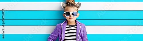 A stylish child wearing sunglasses and a purple jacket, posing against a vibrant striped backdrop. Perfect for playful themes. photo