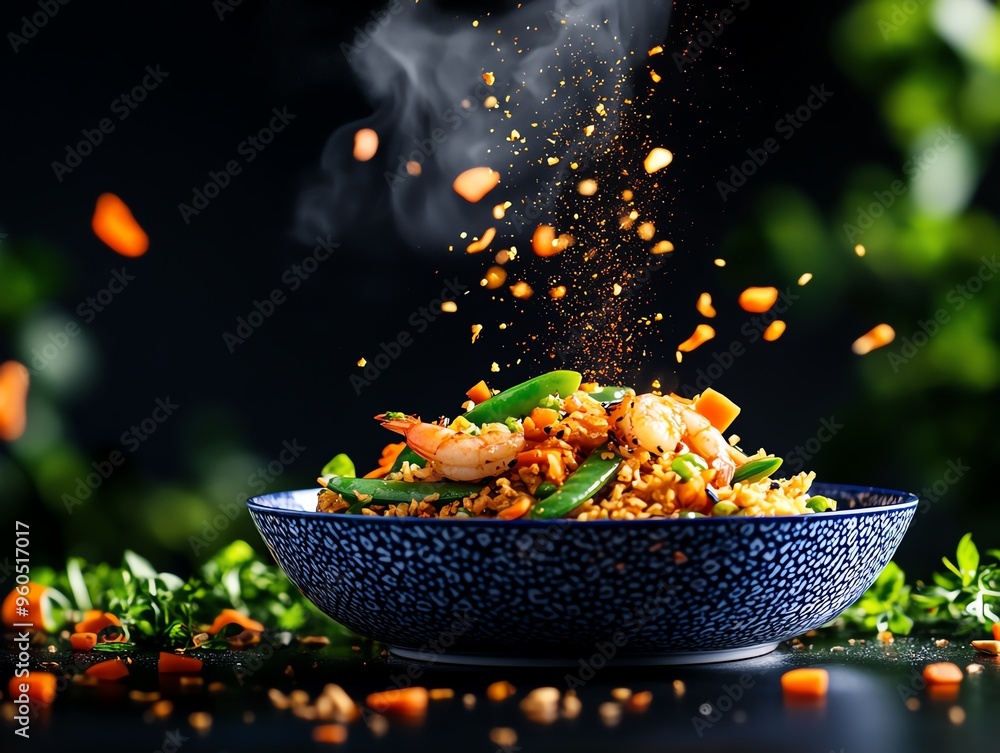 A vibrant dish of stirfried shrimp with snow peas and carrots, presented on a traditional blue and white porcelain plate A vibrant dish of stirfried shrimp with snow peas and carrots, presented on a traditional blue and white porcelain plate