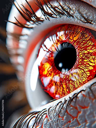 Close-up of an eye with stunning detail, showcasing vivid orange and black patterns, emphasizing beauty and complexity in nature. photo