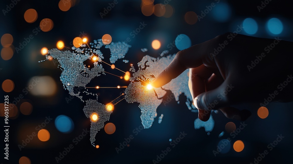 A hand pointing at a digital world map with illuminated connections, symbolizing global communication and technology. A hand pointing at a digital world map with illuminated connections, symbolizing global communication and technology.