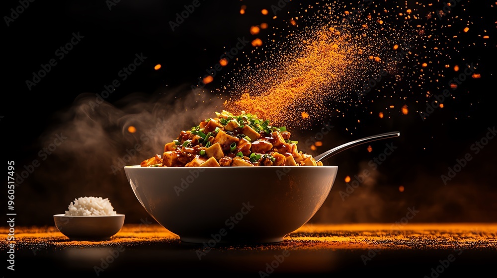 Mapo tofu with a rich, spicy sauce and a sprinkle of green onions, served in a white porcelain bowl with a spoon and a small bowl of steamed rice Mapo tofu with a rich, spicy sauce and a sprinkle of green onions, served in a white porcelain bowl with a spoon and a small bowl of steamed rice