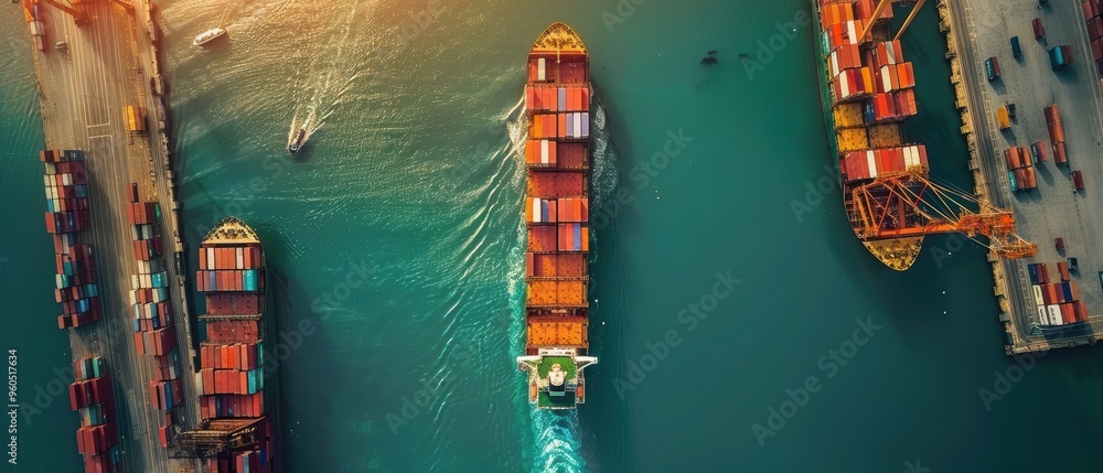 Dynamic Aerial Shot of Bustling Commercial Port with Container Ships, Cranes, and Docked Boats in Stunning Clarity Dynamic Aerial Shot of Bustling Commercial Port with Container Ships, Cranes, and Docked Boats in Stunning Clarity
