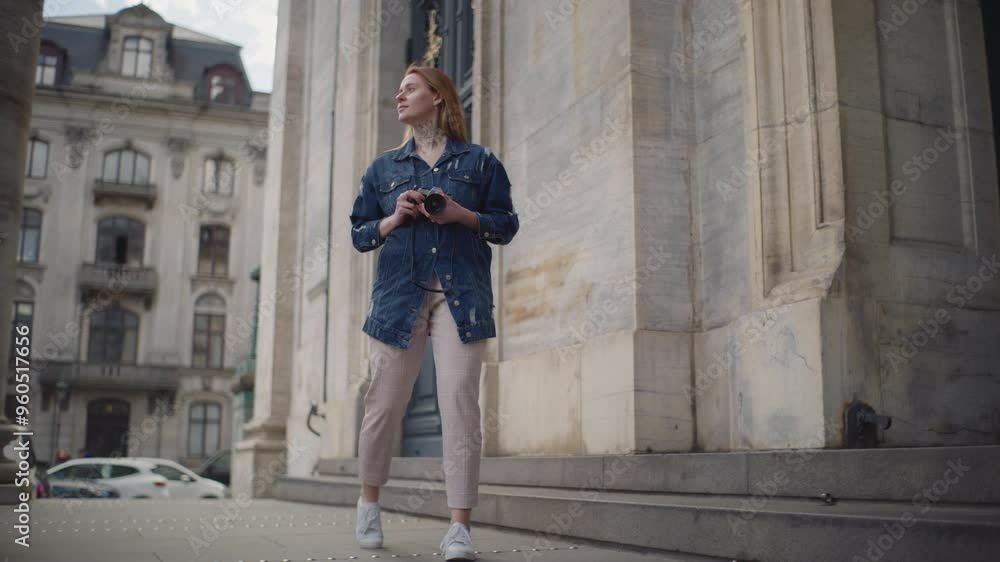 Female Traveler Exploring Frederik's Church Portico With Camera Female Traveler Exploring Frederik's Church Portico With Camera