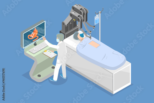 3D Isometric Flat Vector Illustration of Surgery With Medical Robot, Controlling a Cyborg Arm During Medical Operation