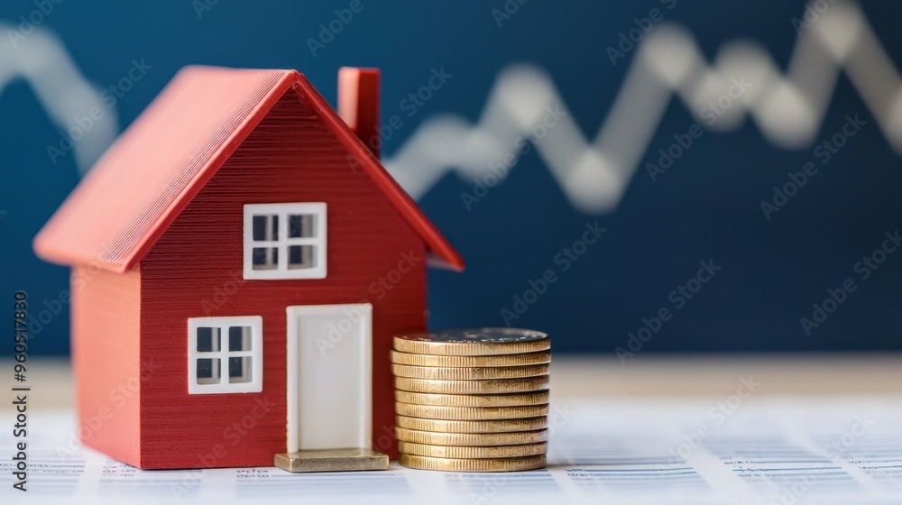 A red house model with stacked coins symbolizing real estate investment and financial growth in the housing market. A red house model with stacked coins symbolizing real estate investment and financial growth in the housing market.
