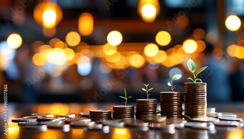 Stacks of coins symbolizing financial prosperity amidst a vibrant backdrop of blurred lights and lively figures