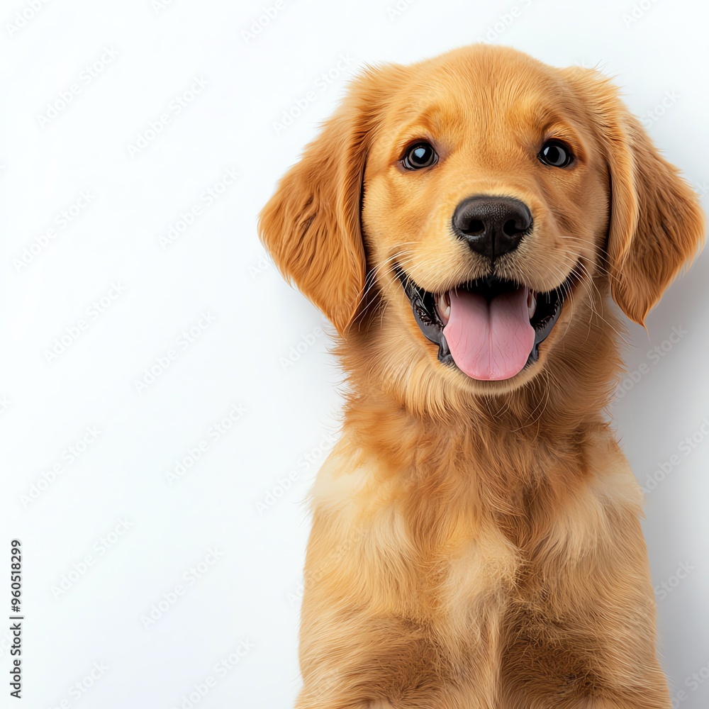 A cheerful golden retriever puppy with a bright smile, showcasing playful energy and affection in a clean, minimalistic setting. A cheerful golden retriever puppy with a bright smile, showcasing playful energy and affection in a clean, minimalistic setting.