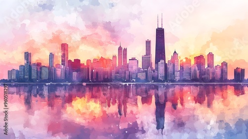 Watercolor Impressionist Cityscape of Chicago Skyline at Sunrise with Pastel Tones and Brush Strokes