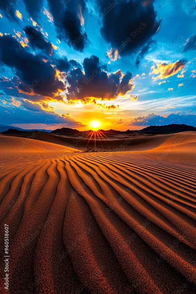 Naklejka premium Breathtaking sunset over undulating sand dunes, showcasing vibrant skies and warm colors in a stunning desert landscape.