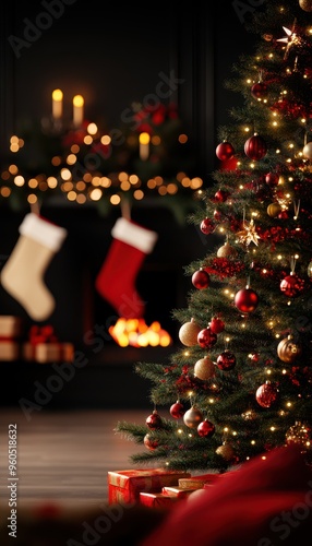 A beautifully decorated Christmas tree with ornaments, glowing lights, and stockings by a cozy fireplace, creating a festive atmosphere.