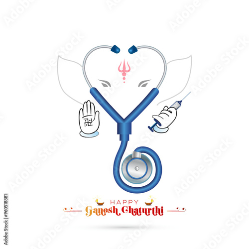 Wishes greeting card, creative concept for Ganesh chaturthi. Vector illustration of Lord Ganesha made using a doctor’s stethoscope.