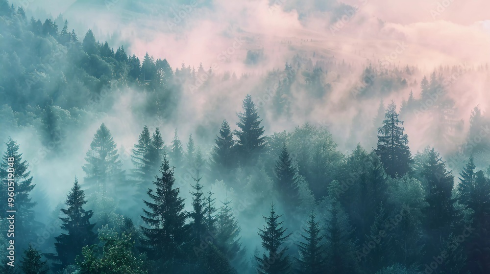 foggy magical forest with pine trees in soft pastel color illustration foggy magical forest with pine trees in soft pastel color illustration