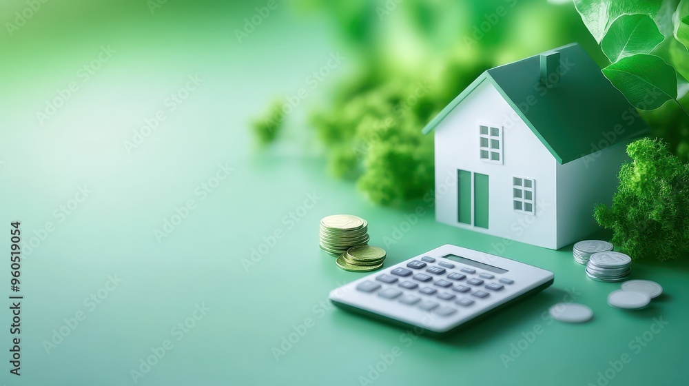 Conceptual image illustrating finance, real estate, and eco-friendliness with a model house, calculator, and coins on a green background. Conceptual image illustrating finance, real estate, and eco-friendliness with a model house, calculator, and coins on a green background.