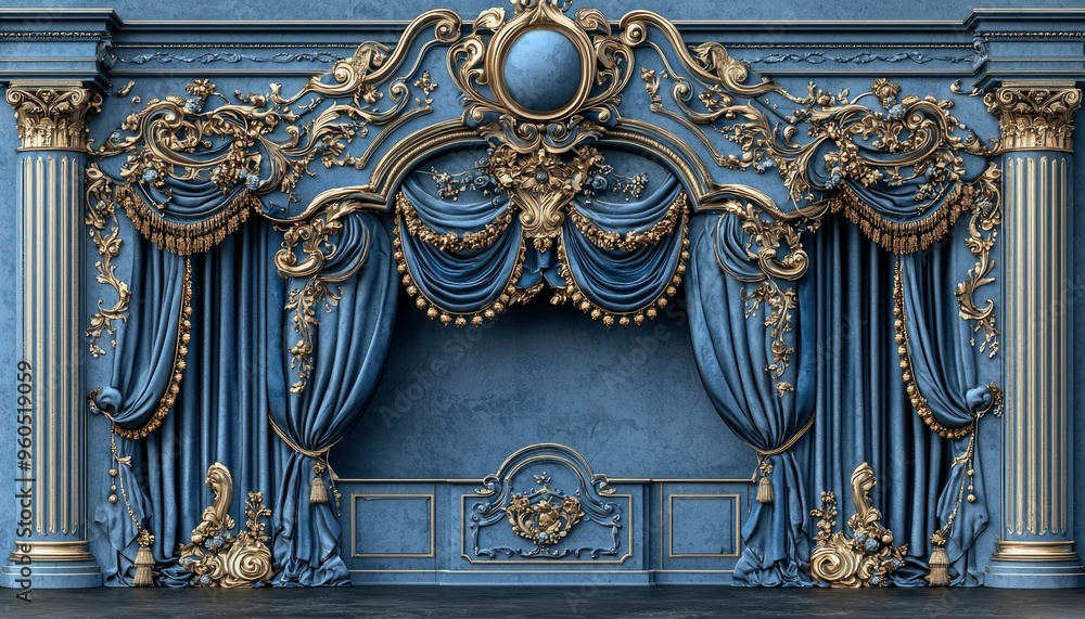 Obraz premium Ornate Gold and Blue Wall with Draped Curtains and Pillars