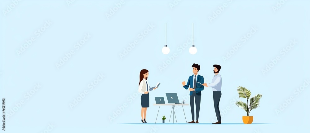 Business professionals collaborating in a modern office, discussing strategies and planning. Bright, minimalistic workspace. Business professionals collaborating in a modern office, discussing strategies and planning. Bright, minimalistic workspace.