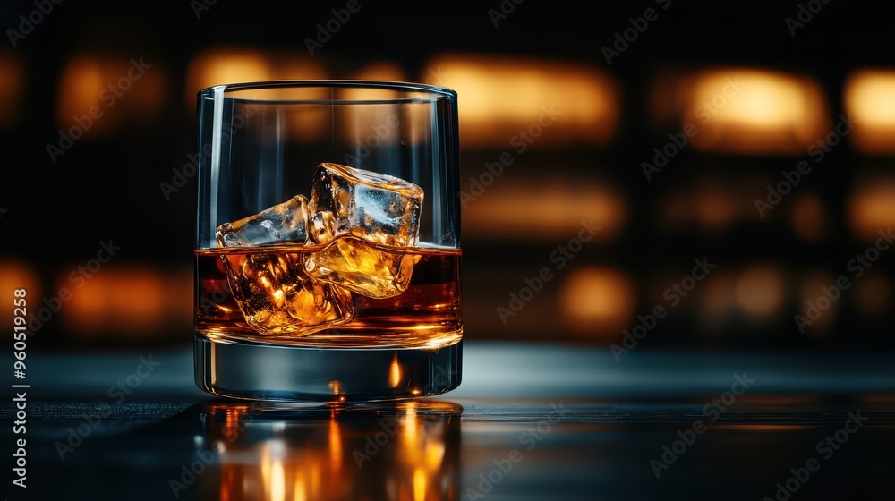 A close-up of a whiskey glass filled with ice and amber liquid, set against a softly lit background, creating a warm atmosphere.
