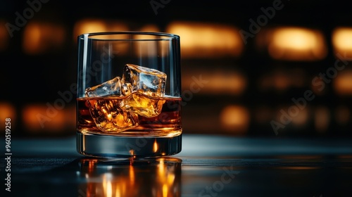 A close-up of a whiskey glass filled with ice and amber liquid, set against a softly lit background, creating a warm atmosphere.