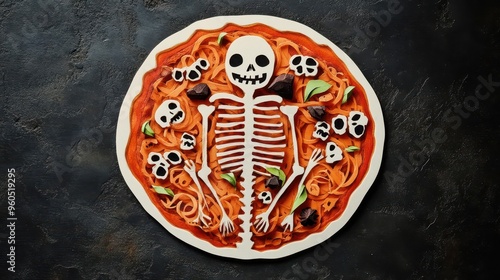 A paper cut Halloweenthemed pizza with toppings arranged like a skeleton