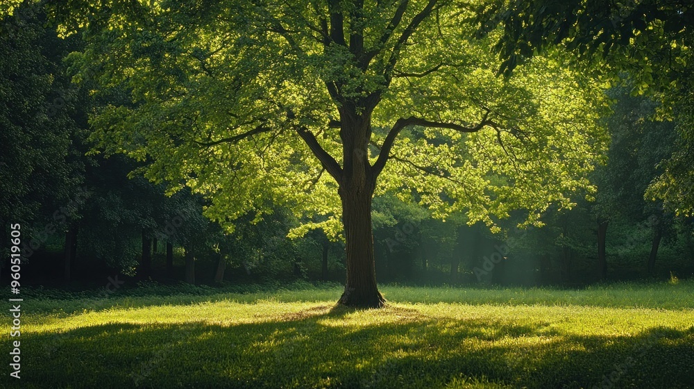 Naklejka premium Sunlight Through Trees in a Forest