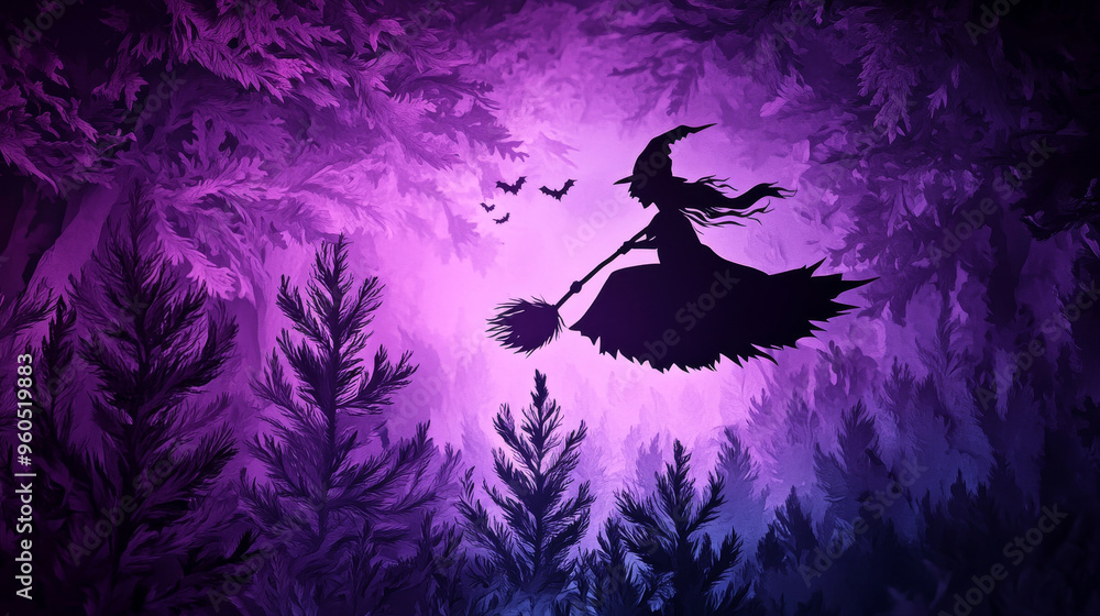 Fototapeta premium A witch flying on broomstick through mystical forest, surrounded by purple hues and silhouetted trees, creates an enchanting atmosphere.