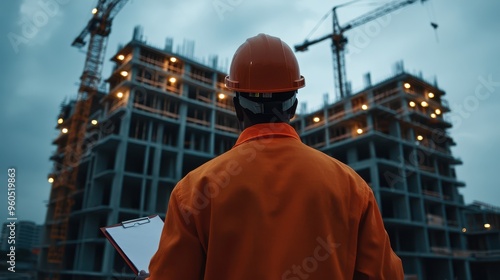 A construction worker observes a high-rise building under construction, showcasing cranes and a dramatic evening sky.