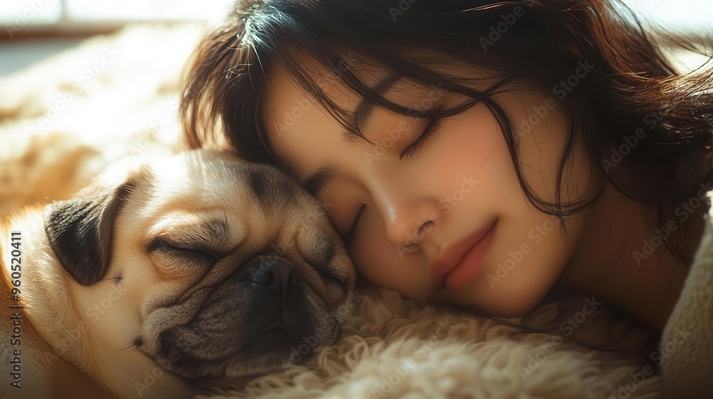 serene portrait of an asian woman and her pug dog basking in soft sunlight they rest on a wooden floor with a plush rug creating a warm intimate atmosphere of companionship serene portrait of an asian woman and her pug dog basking in soft sunlight they rest on a wooden floor with a plush rug creating a warm intimate atmosphere of companionship